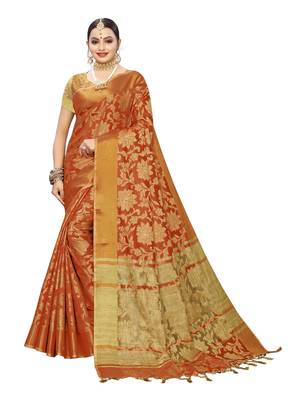 Orange Woven Cotton Silk Saree With Blouse 1