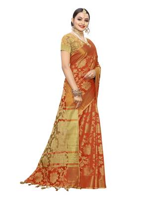 Orange Woven Cotton Silk Saree With Blouse 3