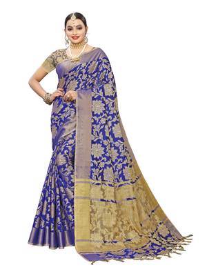 Royal Blue Woven Cotton Silk Saree With Blouse 1