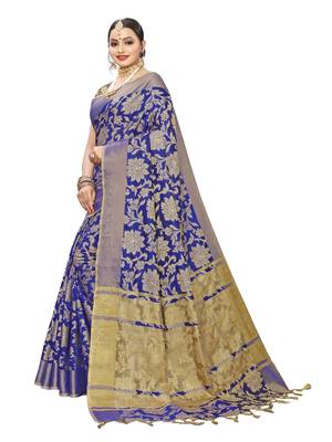 Royal Blue Woven Cotton Silk Saree With Blouse 2