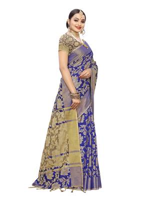 Royal Blue Woven Cotton Silk Saree With Blouse 3