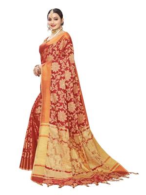 Red Woven Cotton Silk Saree With Blouse 2