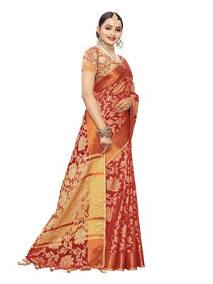 Red Woven Cotton Silk Saree With Blouse 3