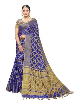 Royal blue woven cotton silk saree with blouse 1