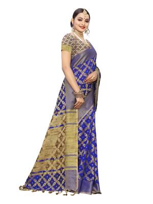 Royal blue woven cotton silk saree with blouse 3
