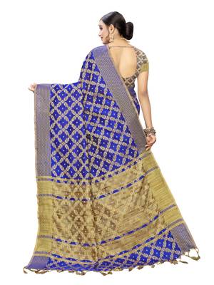 Royal blue woven cotton silk saree with blouse 4