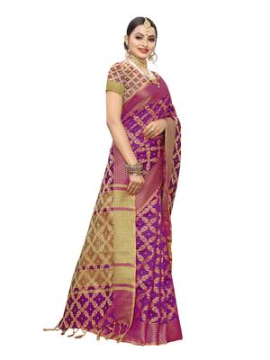 Purple woven cotton silk saree with blouse 3
