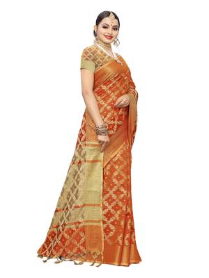 Orange Woven Cotton Silk Saree With Blouse 3