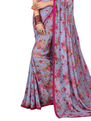 Purple Printed Chiffon Saree With Blouse 3