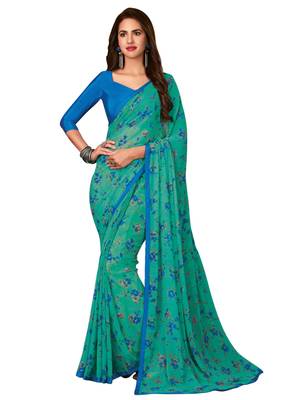 Turquoise printed chiffon saree with blouse 1
