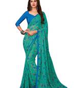 Turquoise printed chiffon saree with blouse