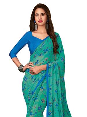 Turquoise printed chiffon saree with blouse 2