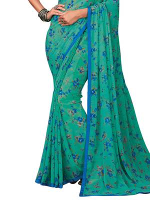 Turquoise printed chiffon saree with blouse 3