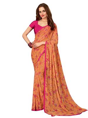 Orange printed chiffon saree with blouse 1