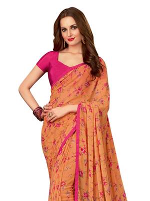 Orange printed chiffon saree with blouse 2