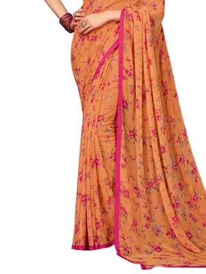 Orange printed chiffon saree with blouse 3