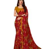Red printed chiffon saree with blouse