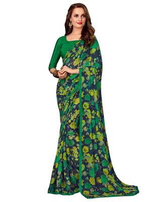 Navy blue printed chiffon saree with blouse 1