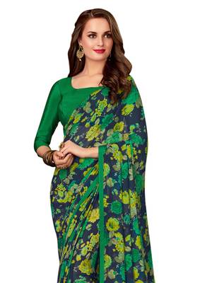 Navy blue printed chiffon saree with blouse 2