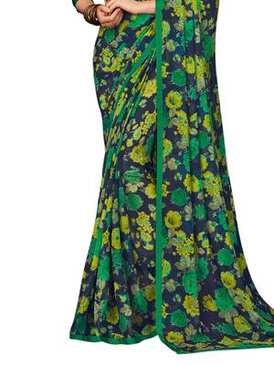Navy blue printed chiffon saree with blouse 3