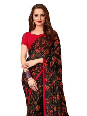 Black printed chiffon saree with blouse 2