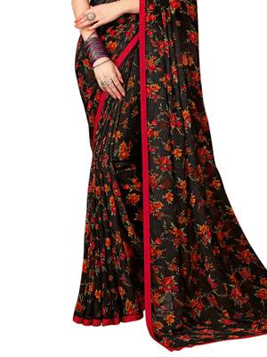 Black printed chiffon saree with blouse 3