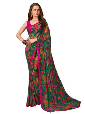 Green printed chiffon saree with blouse 1