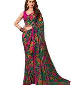 Green printed chiffon saree with blouse