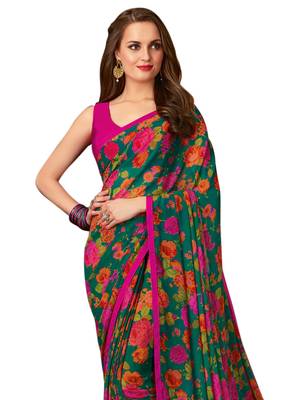 Green printed chiffon saree with blouse 2
