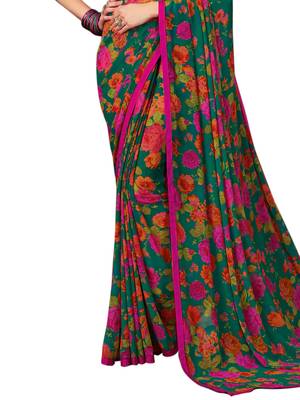 Green printed chiffon saree with blouse 3