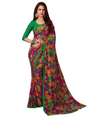 Purple printed chiffon saree with blouse 1