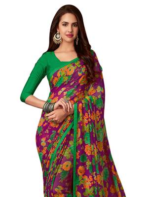 Purple printed chiffon saree with blouse 2