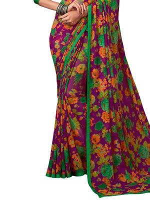 Purple printed chiffon saree with blouse 3