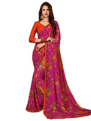 Pink printed chiffon saree with blouse 1