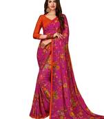 Pink printed chiffon saree with blouse