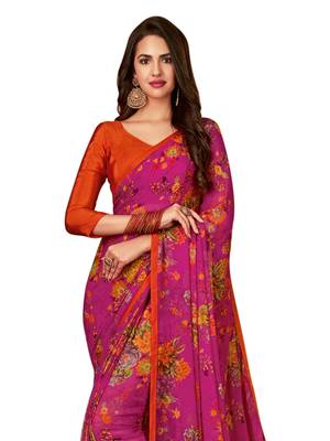 Pink printed chiffon saree with blouse 2
