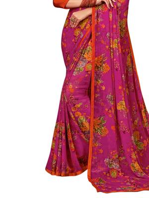 Pink printed chiffon saree with blouse 3
