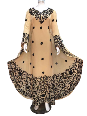 beige georgette moroccan dubai kaftan farasha aari and stone work dress 1
