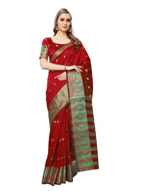 Maroon woven poly silk saree with blouse 1