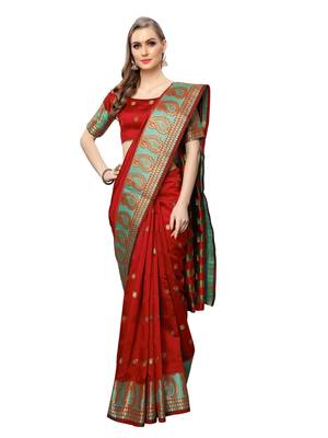 Maroon woven poly silk saree with blouse 4