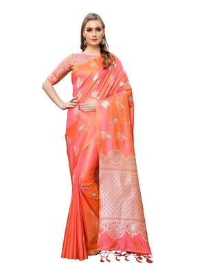 Orange woven poly silk saree with blouse 1
