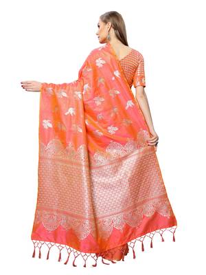 Orange woven poly silk saree with blouse 3