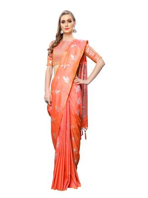 Orange woven poly silk saree with blouse 4