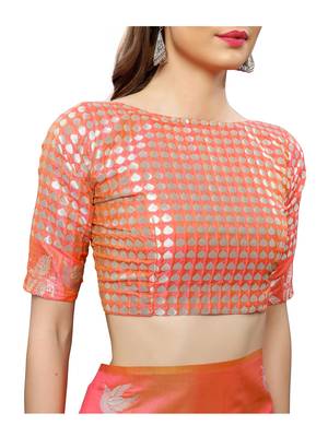 Orange woven poly silk saree with blouse 5