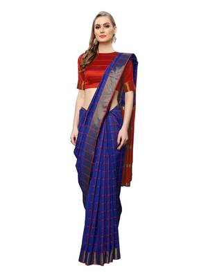 Royal Blue Woven Chanderi Saree With Blouse 4