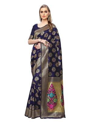 Navy Blue Woven Poly Silk Saree With Blouse 1