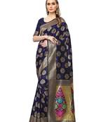 Navy Blue Woven Poly Silk Saree With Blouse