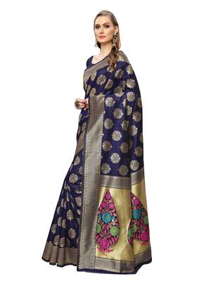 Navy Blue Woven Poly Silk Saree With Blouse 2