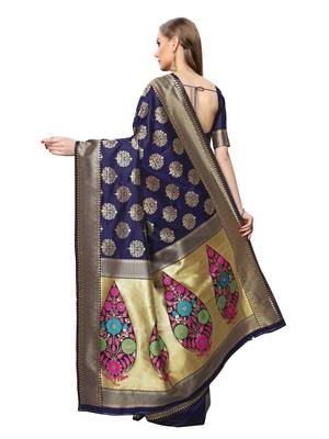 Navy Blue Woven Poly Silk Saree With Blouse 3