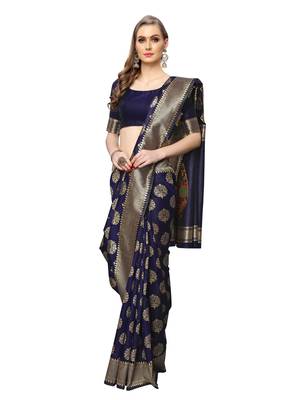 Navy Blue Woven Poly Silk Saree With Blouse 4